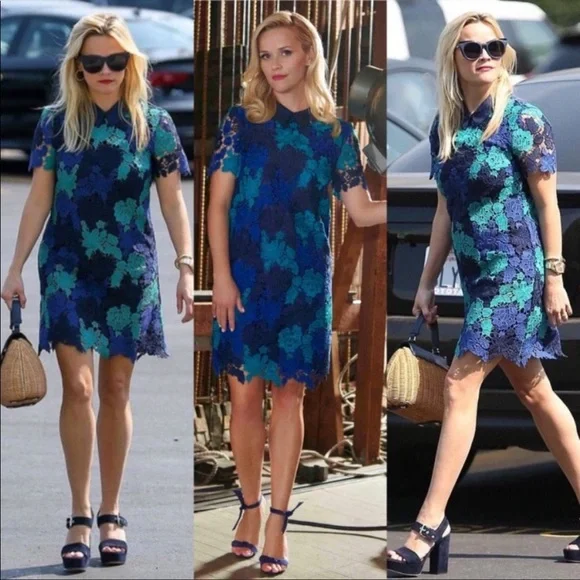 Draper James June Floral Lace Short Sleeve Dress Blue Teal Navy Sz 6 - Picture 5 of 15